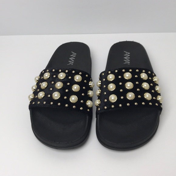 Black Suede Slides with Pearl and Gold Detailing - Picture 3 of 3